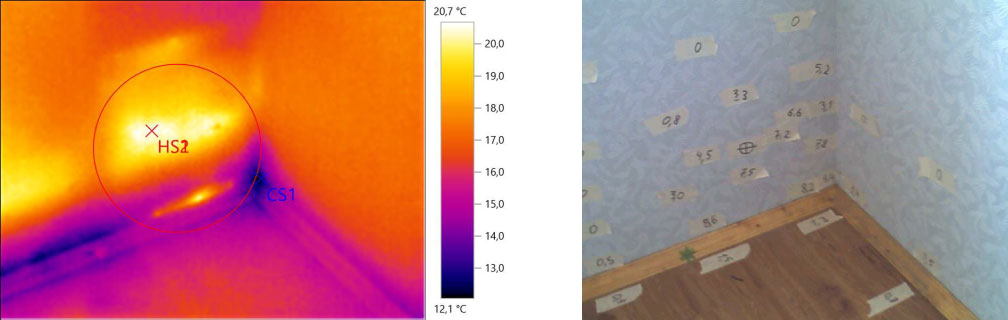 Утечка отопления в стене дома, вид изнутри
